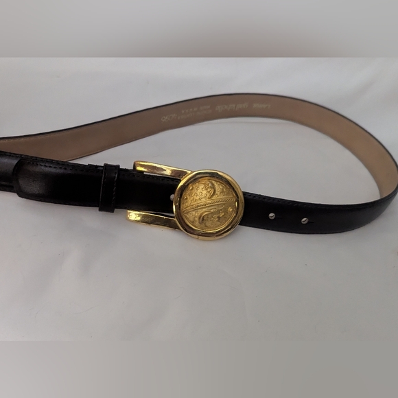 Vintge Gail Labelle Leather  Dark Brown Belt with Gold Moon Celestial Buckle. L